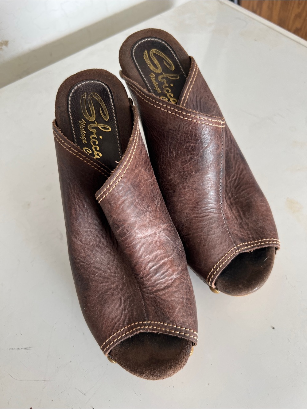 Sbicca Dark Brown Leather Peep-Toe Platform Mules